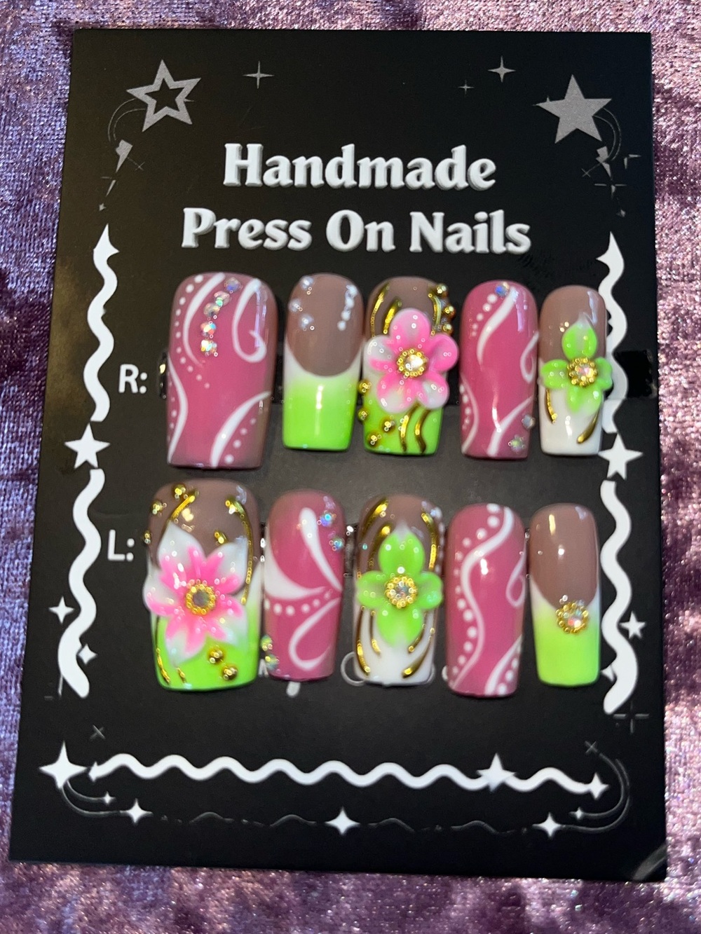 Handmade Pink & Green Floral Press-On Nails